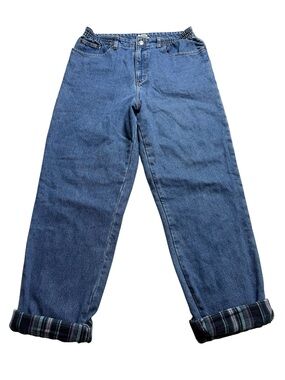 LL Bean Original Fit Relaxed Blue Plaid Flannel Lined Jeans Sz 14 Regular